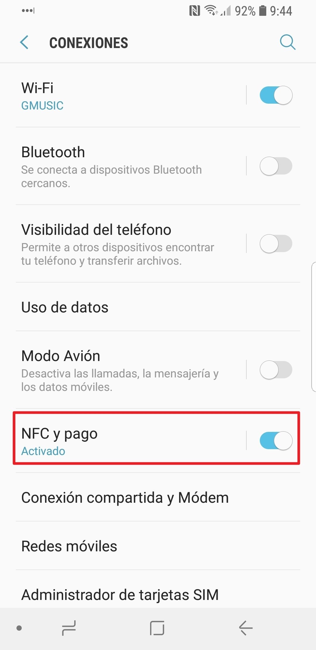 Ajustes de NFC y pagos en Android