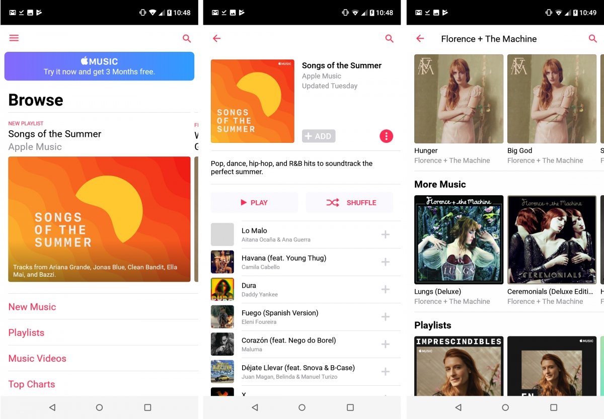 Algunas pantallas de Apple Music en Android