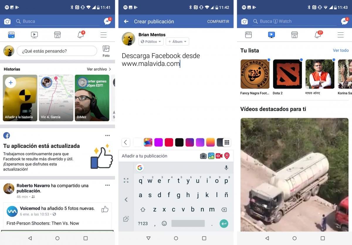 Algunas pantallas de Facebook para Android