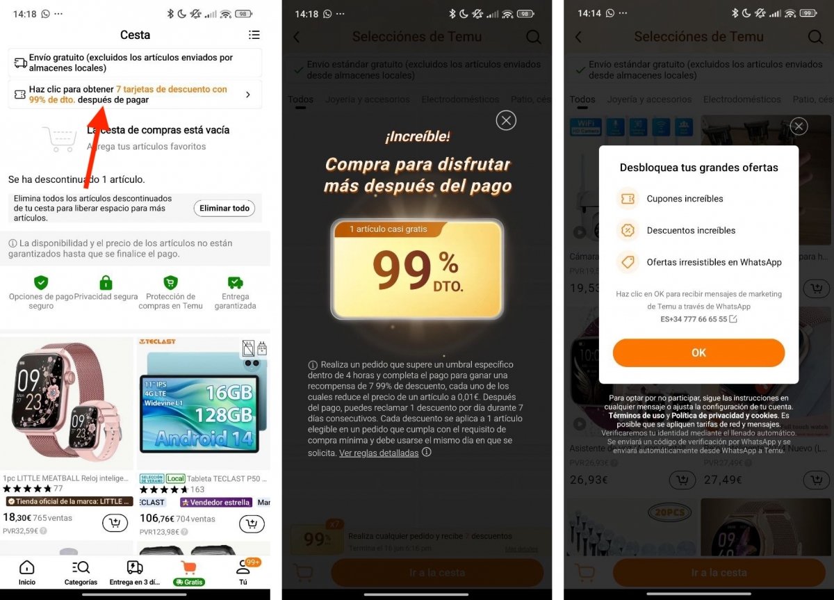 Algunas peticiones dan acceso a regalos y descuentos, como recibir mensajes por WhatsApp de Temu
