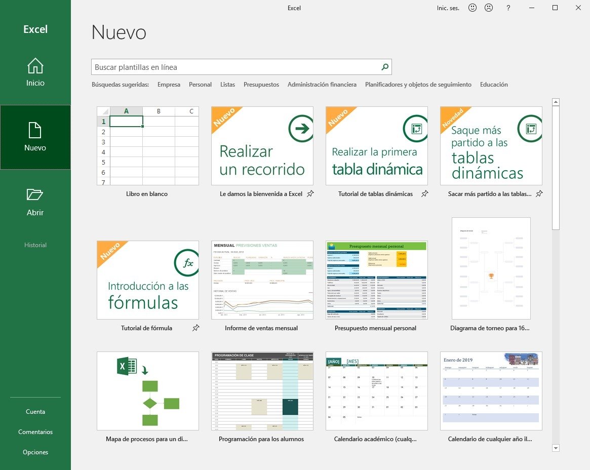 Algunas plantillas disponibles en Microsoft Excel