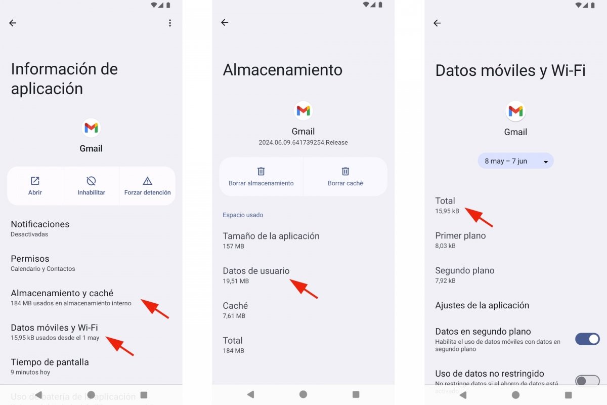 Almacenamiento y datos móviles de Gmail