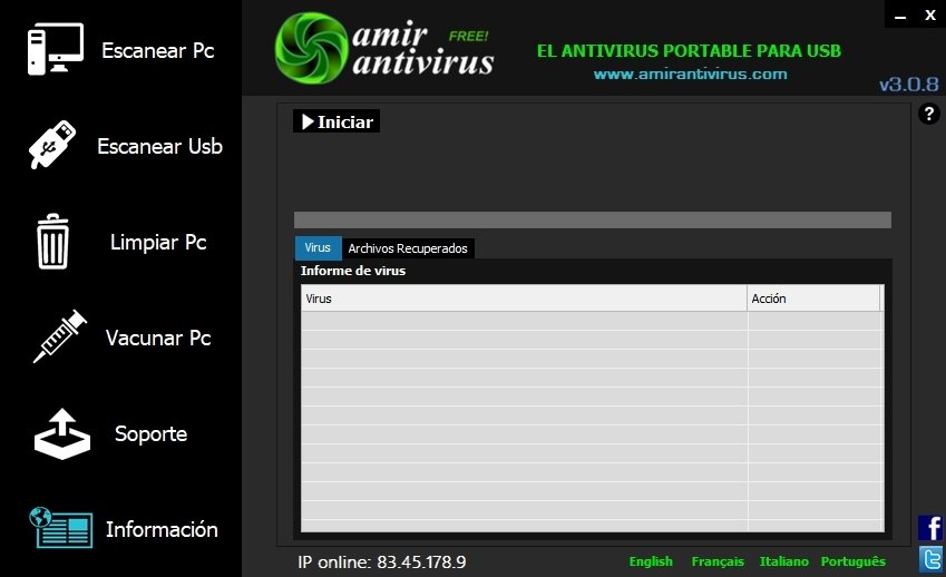 Amir Antivirus en ejecución