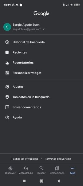 Apartados de configuración de la app de Google