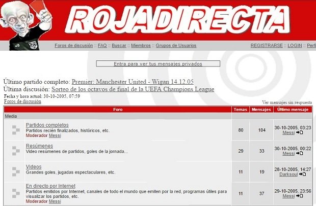 Así era Rojadirecta en 2005, una especie de foro