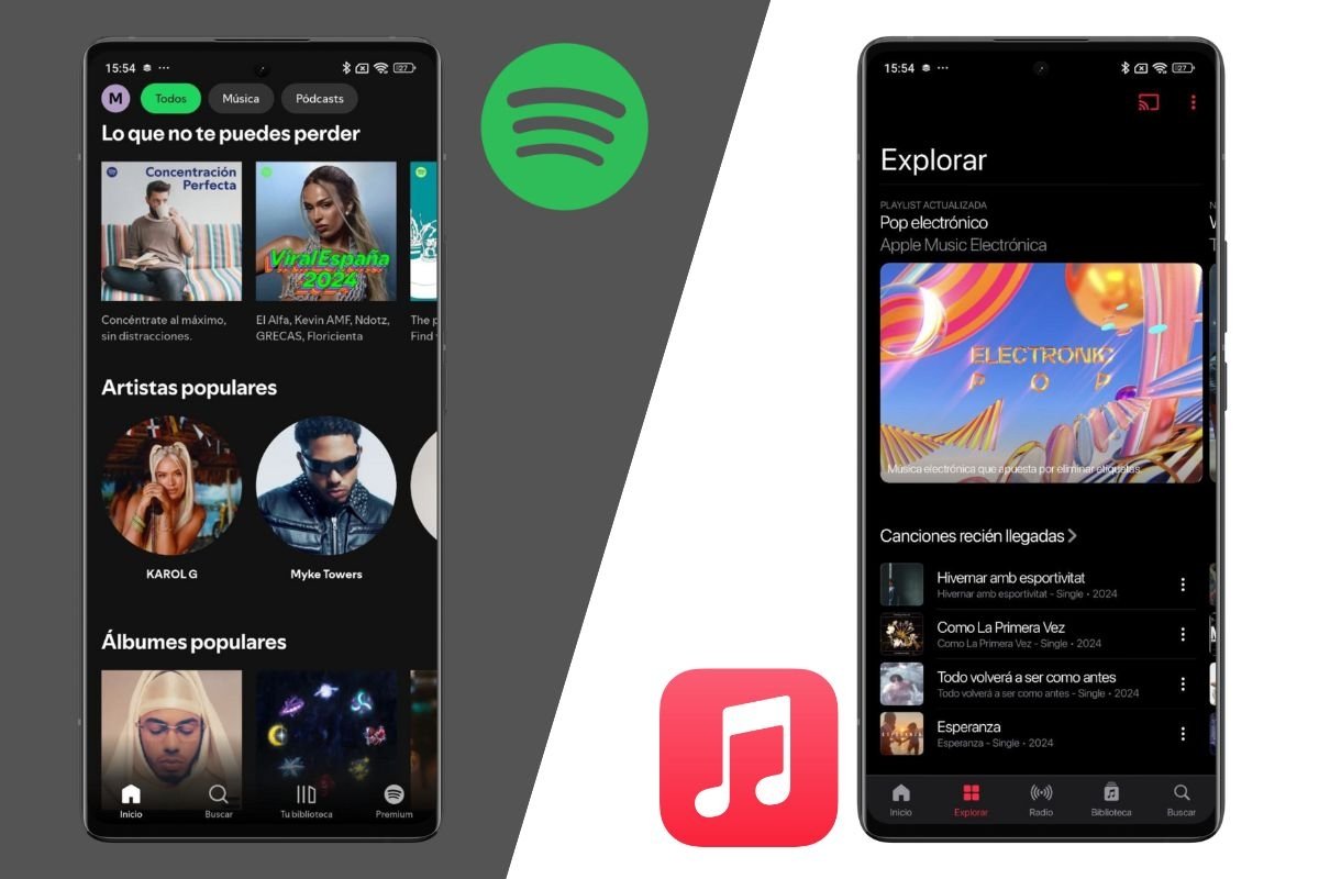 Aspecto de la interfaz principal de Spotify y Apple Music