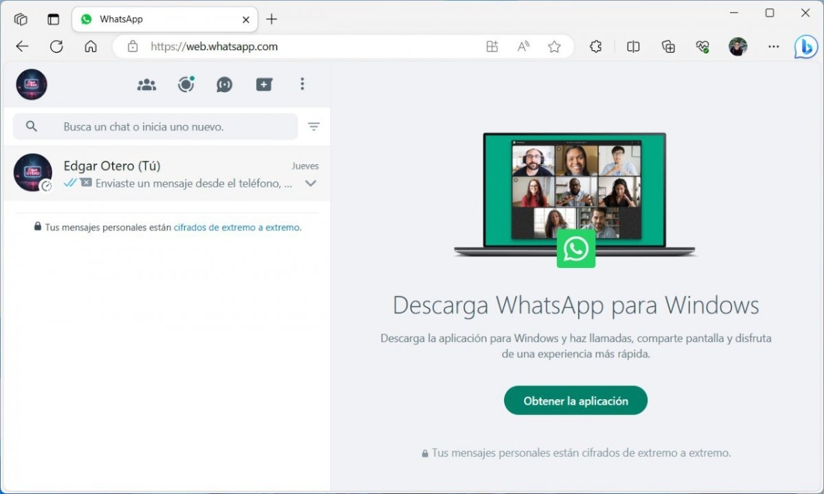 Aspecto de la versión web de WhatsApp en Microsoft Edge para Windows
