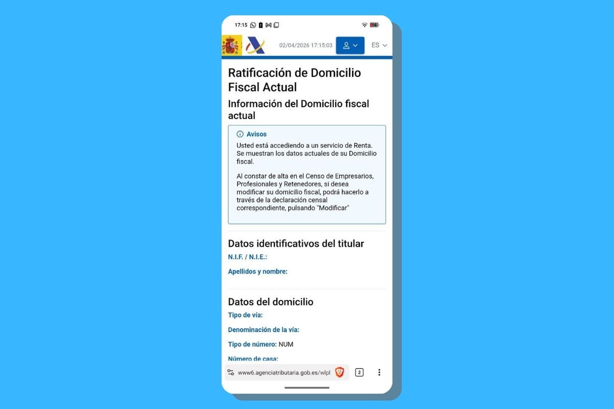 Aspecto de la web en un Android donde se muestran los datos fiscales