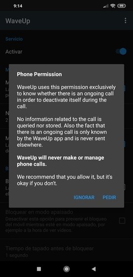 Aviso de petición de permisos de WaveUp