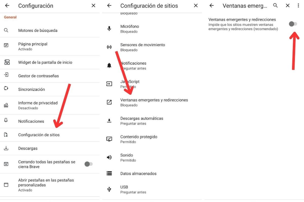 Bloquear las ventanas emergentes en Android con Brave