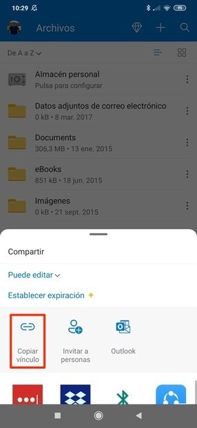 Botón de copia del enlace para compartir un archivo de OneDrive