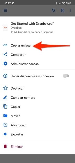 Botón para copiar un enlace para compartir un elemento de Dropbox