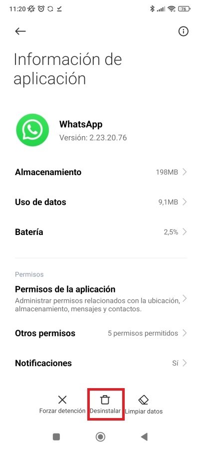 Botón para desinstalar WhatsApp