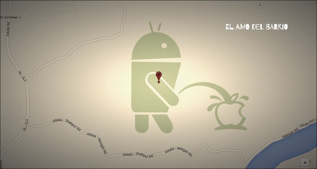 Bugdroid meando en la manzana cupertina de Apple