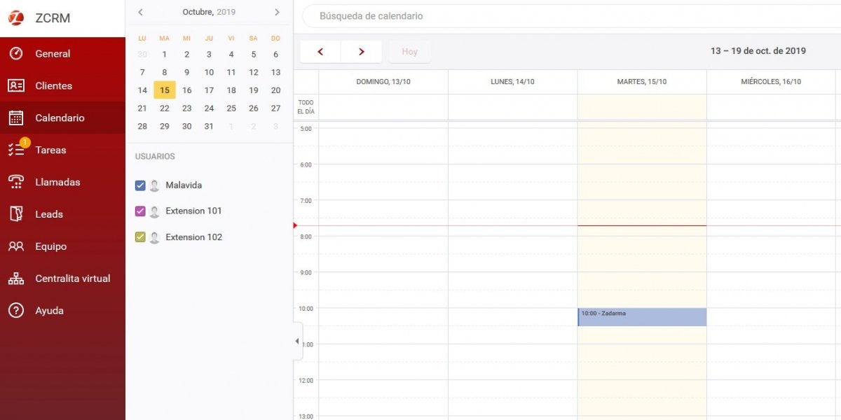 Calendario de tareas de Zadarma CRM