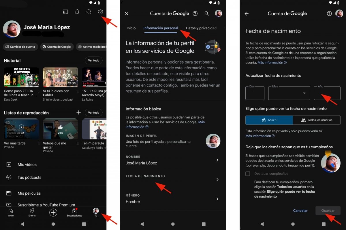 Cambiar fecha de nacimiento en YouTube