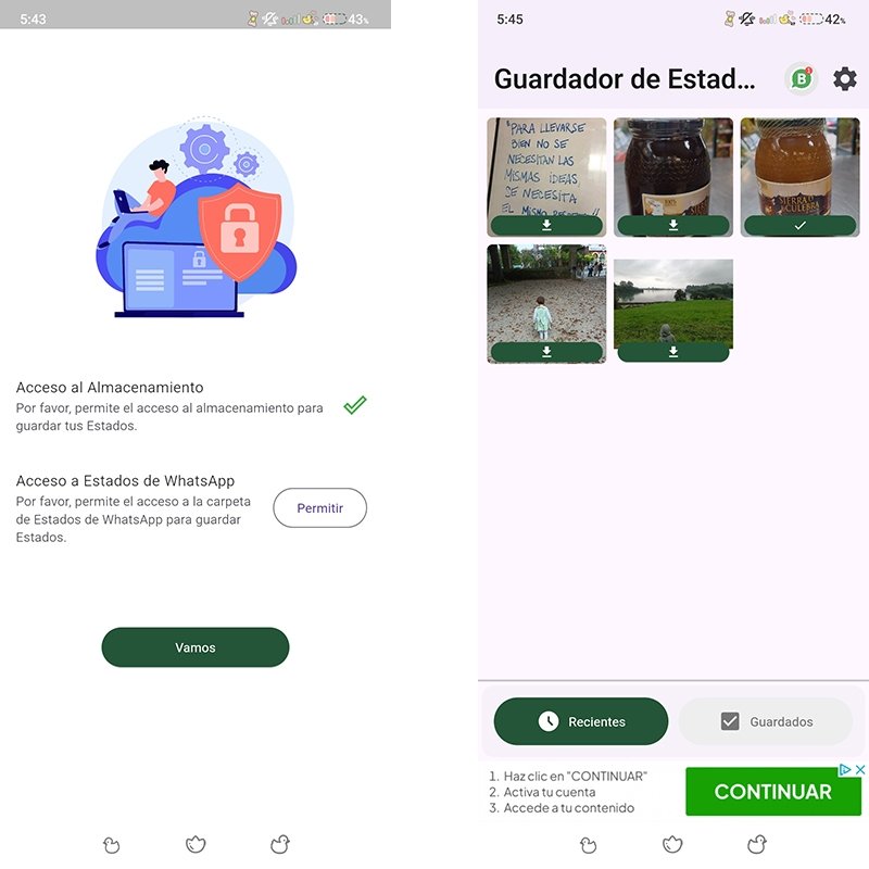 Captura de pantalla de la app Status Saver for WA en funcionamiento