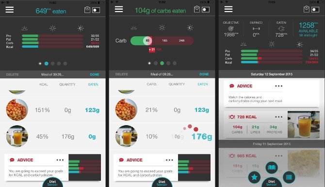 Capturas de la app para móviles de DietSensor donde se recoge la información del escáner