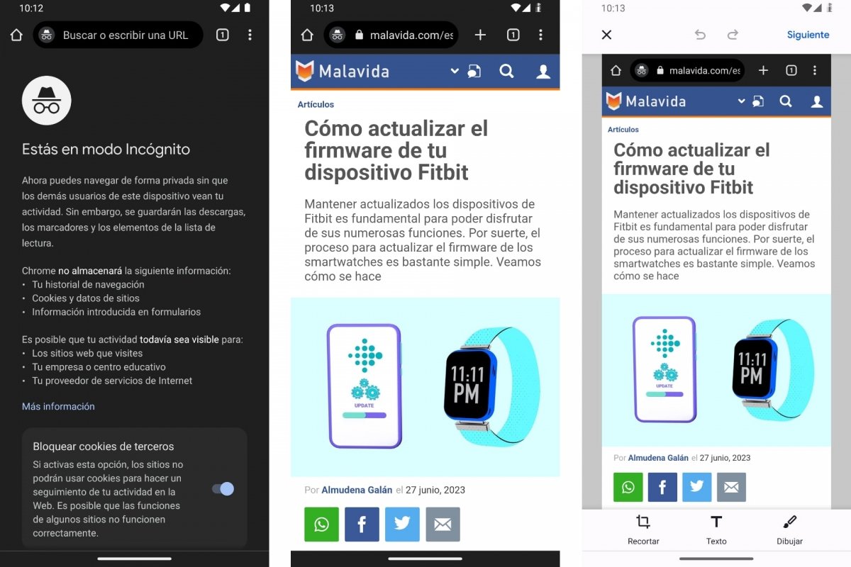 Capturas de pantalla en el modo incógnito de Chrome