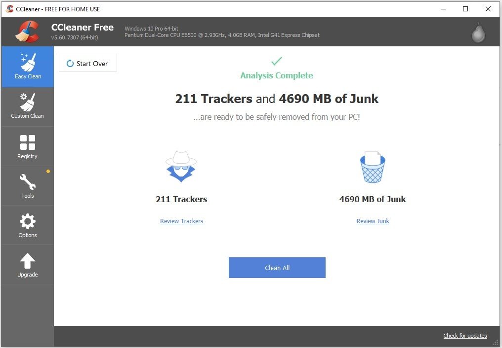 CCleaner tras analizar un PC