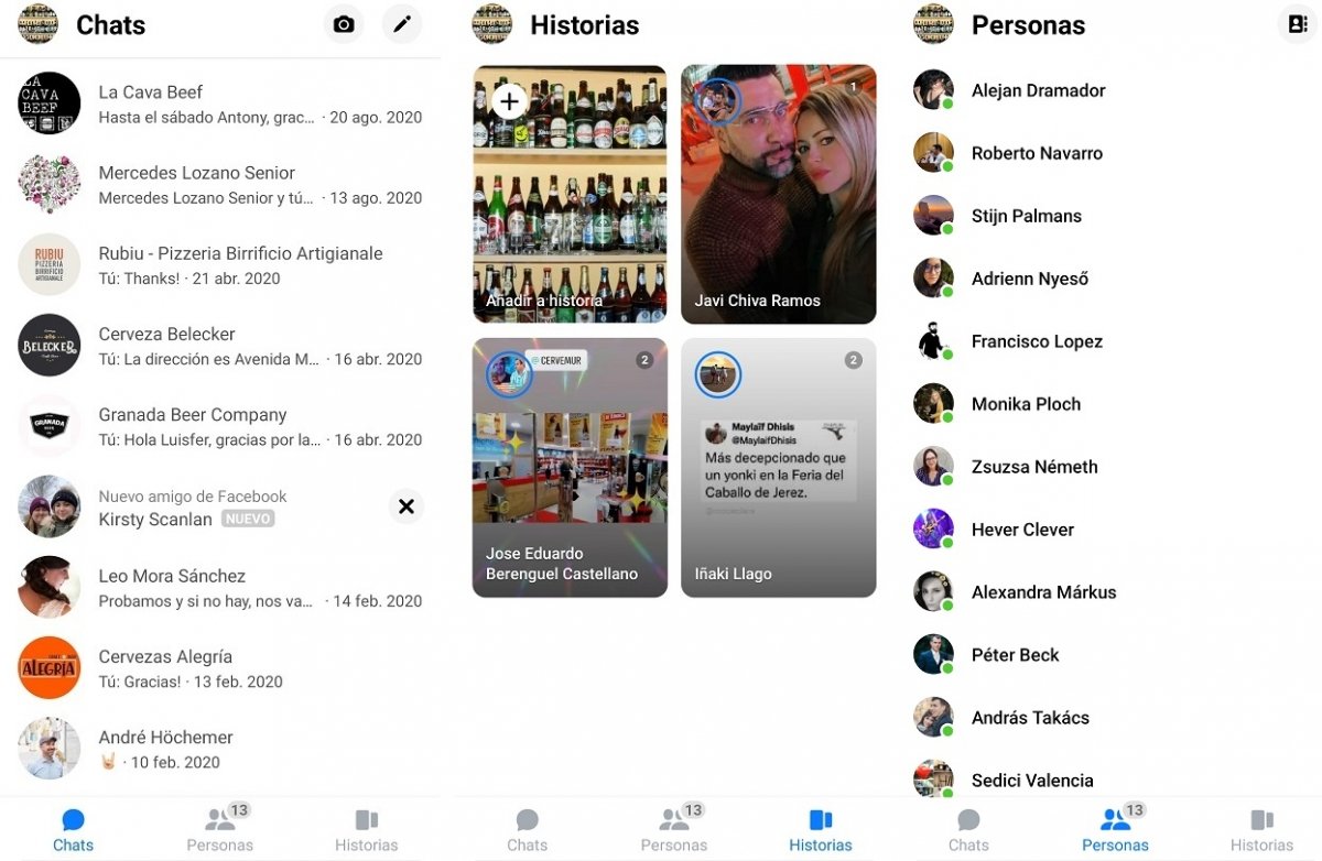 Chats, historias y personas en Facebook Messenger