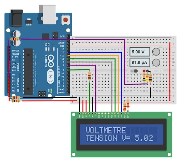 Circuito en el que se conecta Arduino a un display LCD y un sistema de alimentación CC