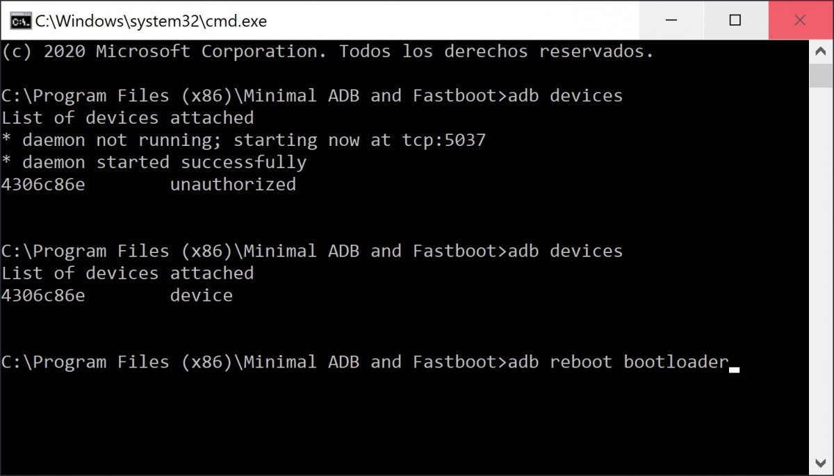 Comando adb reboot bootloader