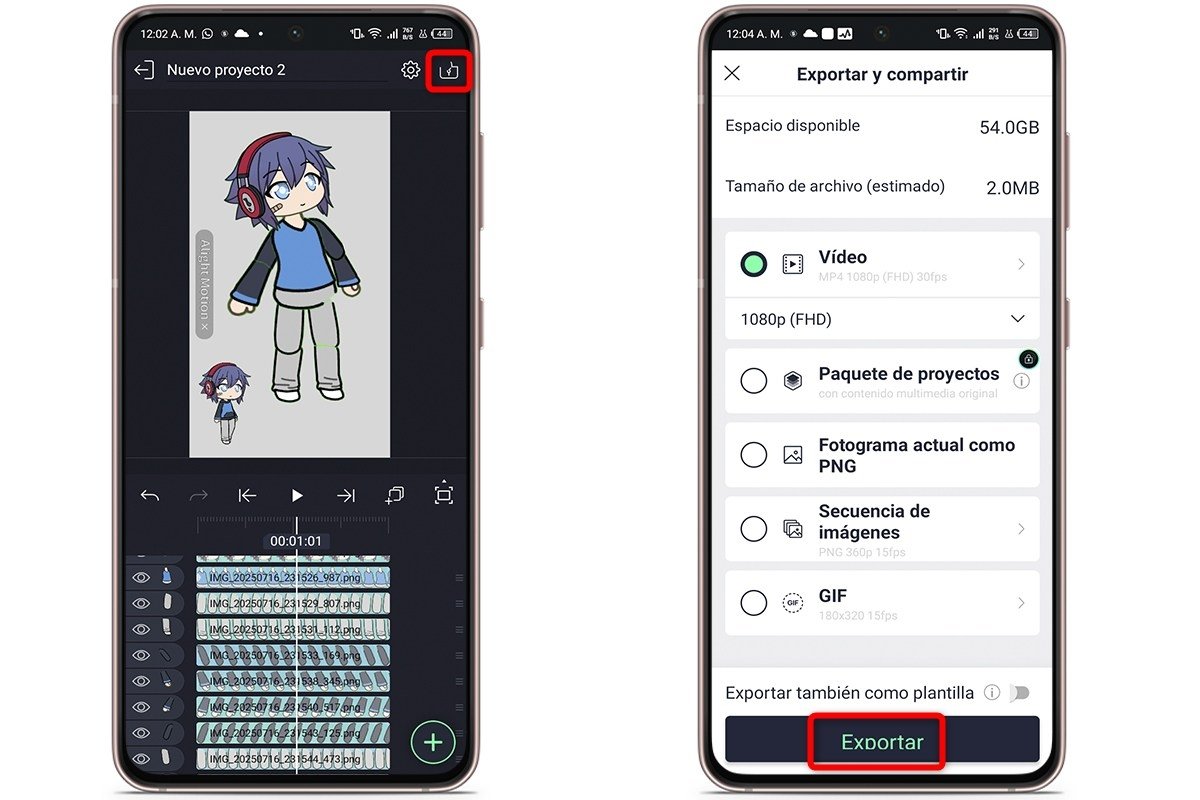 Cómo exportar tu animación de marioneta desde Alight Motion