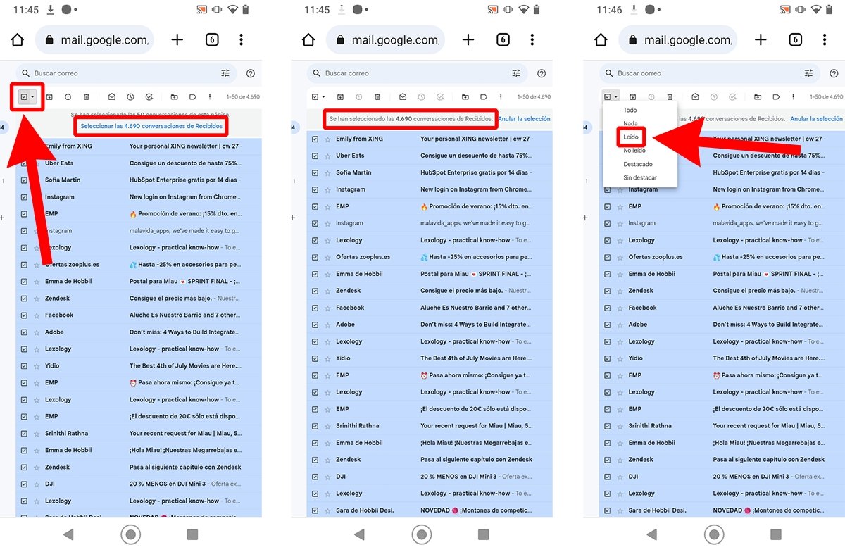 Cómo seleccionar todos los correos de Gmail a la vez