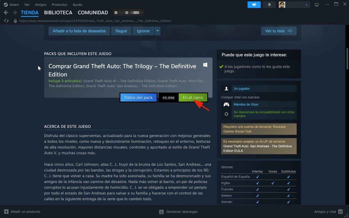 Comprar GTA San Andreas en Steam