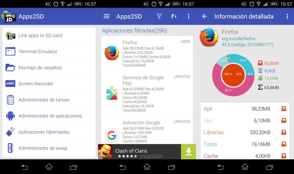 Con Apps2SD se puede crear un enlace simbólico que mueve a la SD todos los detalles de la app
