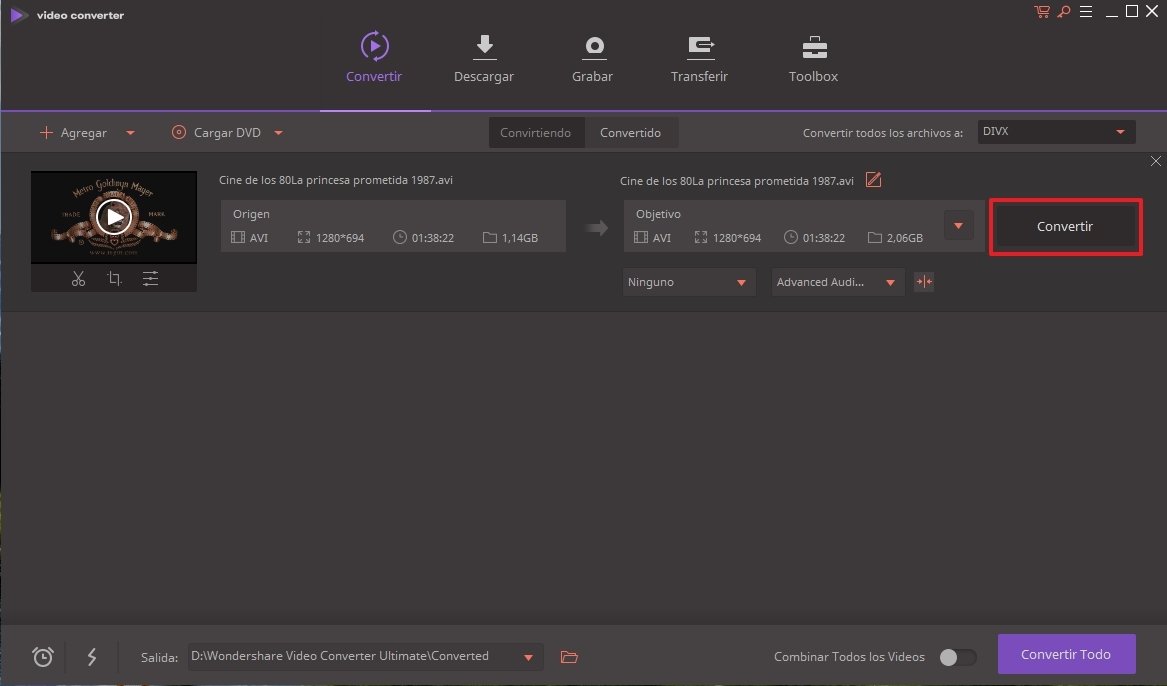 Con este botón el archivo se convertirá en DIVX