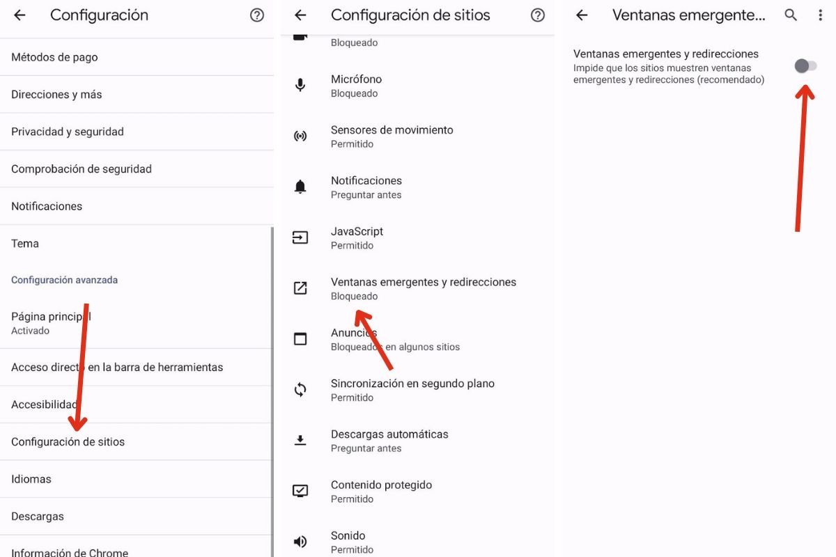 Con estos pasos te aseguras que Chrome bloquea todas la ventanas emergentes y redirecciones