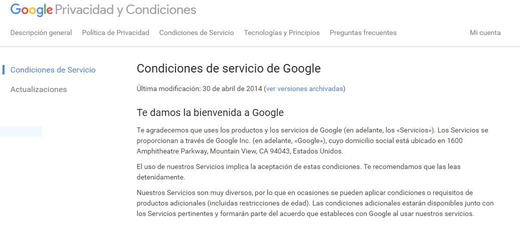 Condiciones de servicio de Google