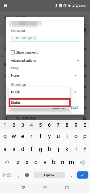 Configura el modo estático en la red