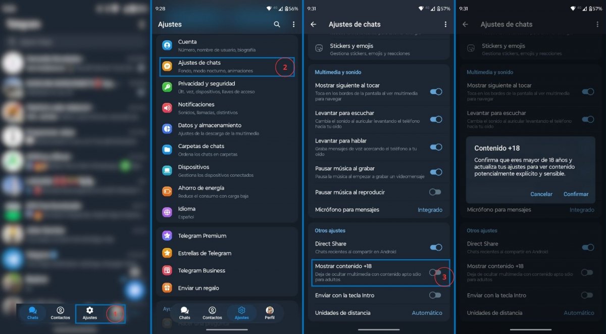 Configuración de contenido sensible de Telegram desde Android