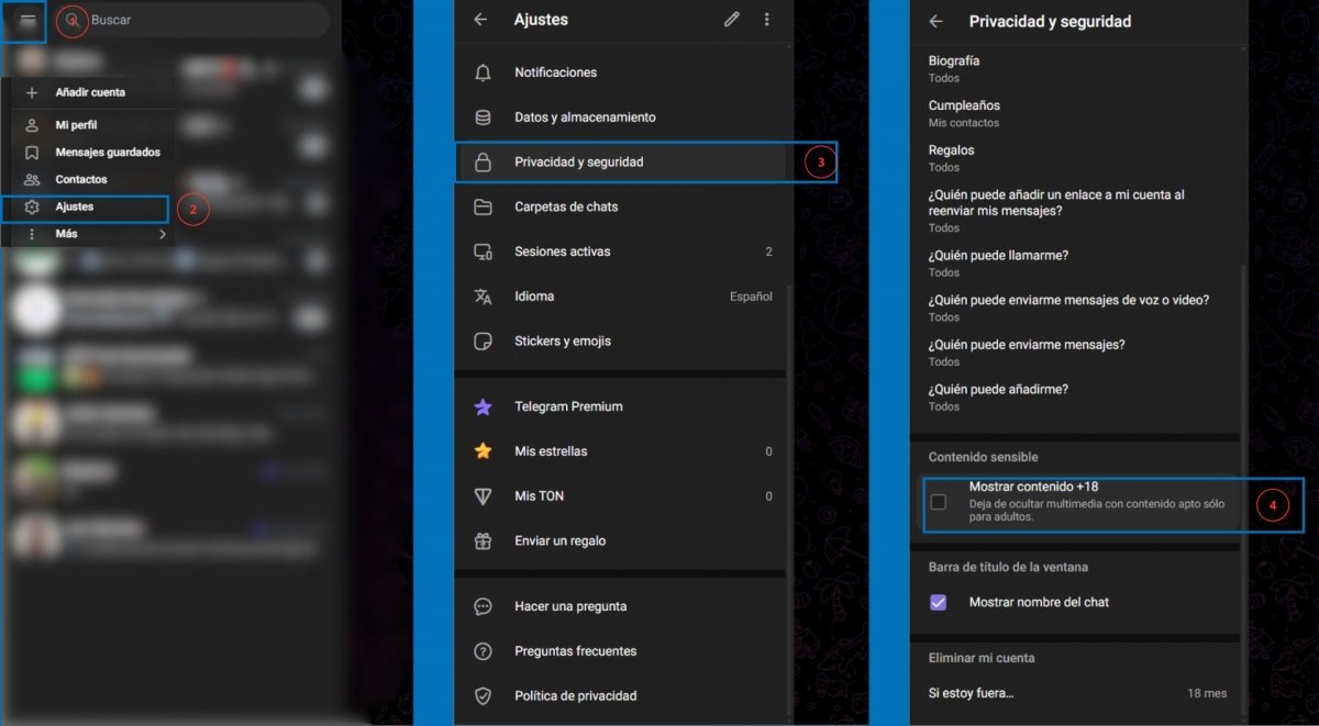 Configuración de contenido sensible de Telegram desde Telegram web