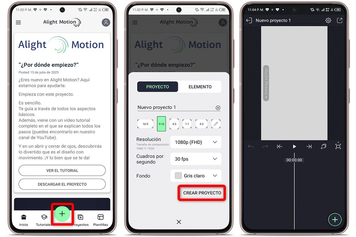 Configuración de nuevo proyecto en Alight Motion