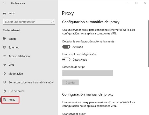 Configuración de proxy en Windows