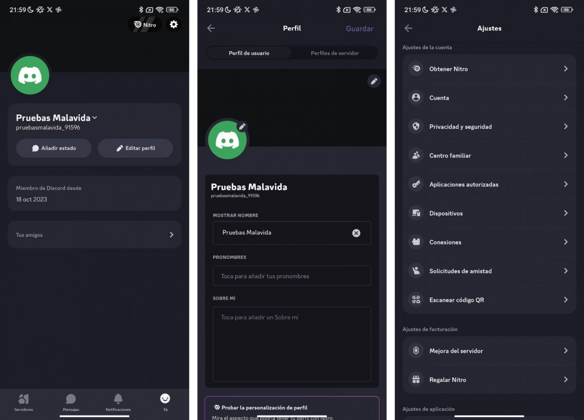 Configuración del perfil de Discord y listado de ajustes disponibles