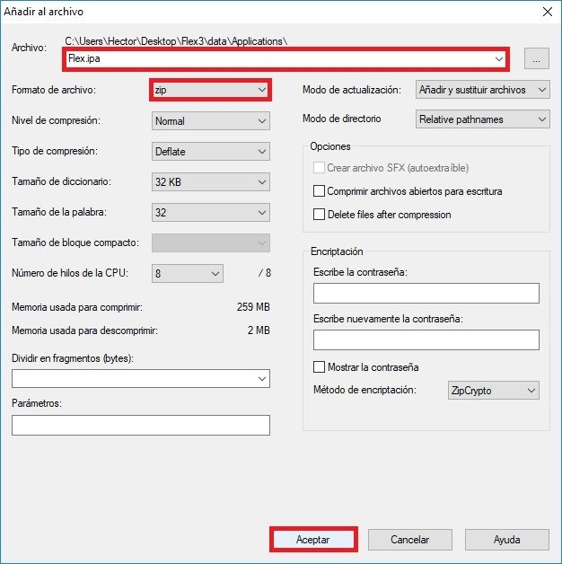 Configuración final del compresor para crear un archivo IPA