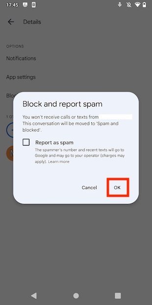 Confirmar bloqueo y notificar como spam