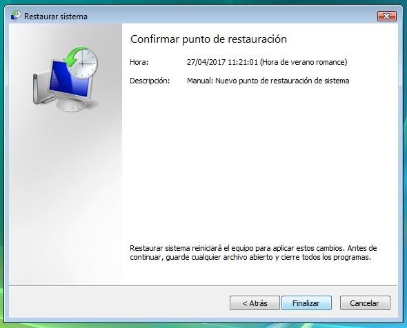 Confirmar punto de restauración en Windows Vista