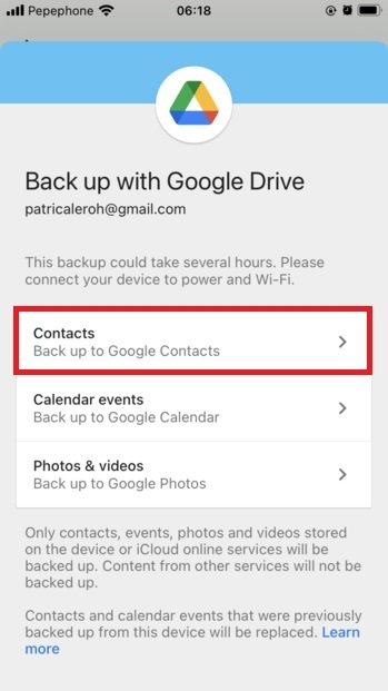 Copia de los contactos en la cuenta de Google