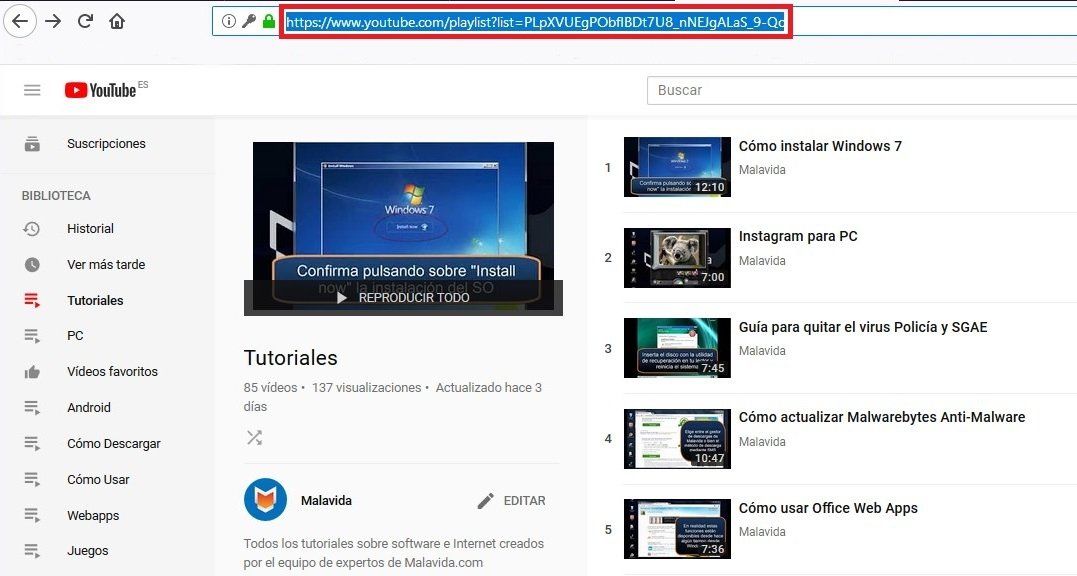 Copiar la URL de una playlist en YouTube