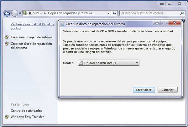 Crear un disco de reparación del sistema