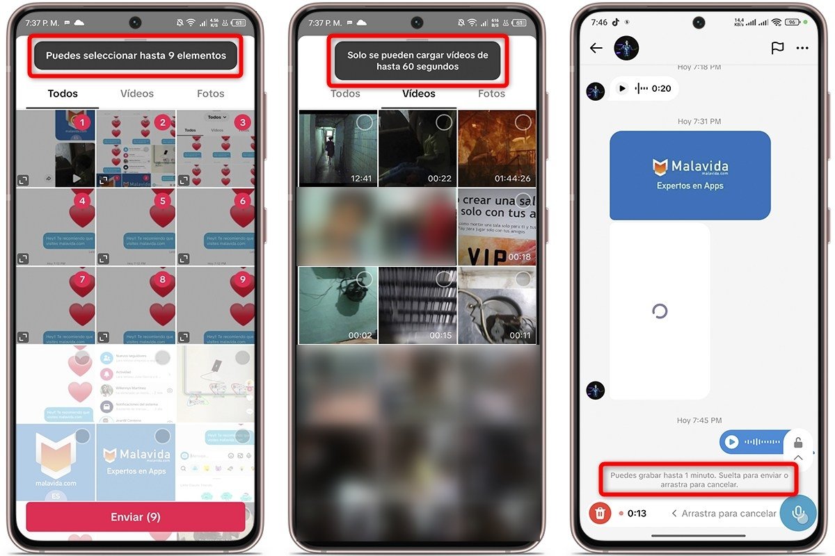 Cuáles son las limitaciones para el envío de notas de voz, fotos y vídeos en TikTok