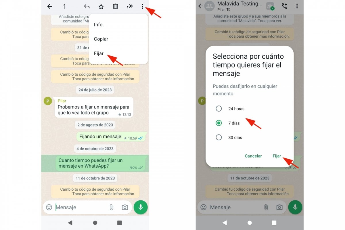 Cuanto duran los mensajes fijados en WhatsApp