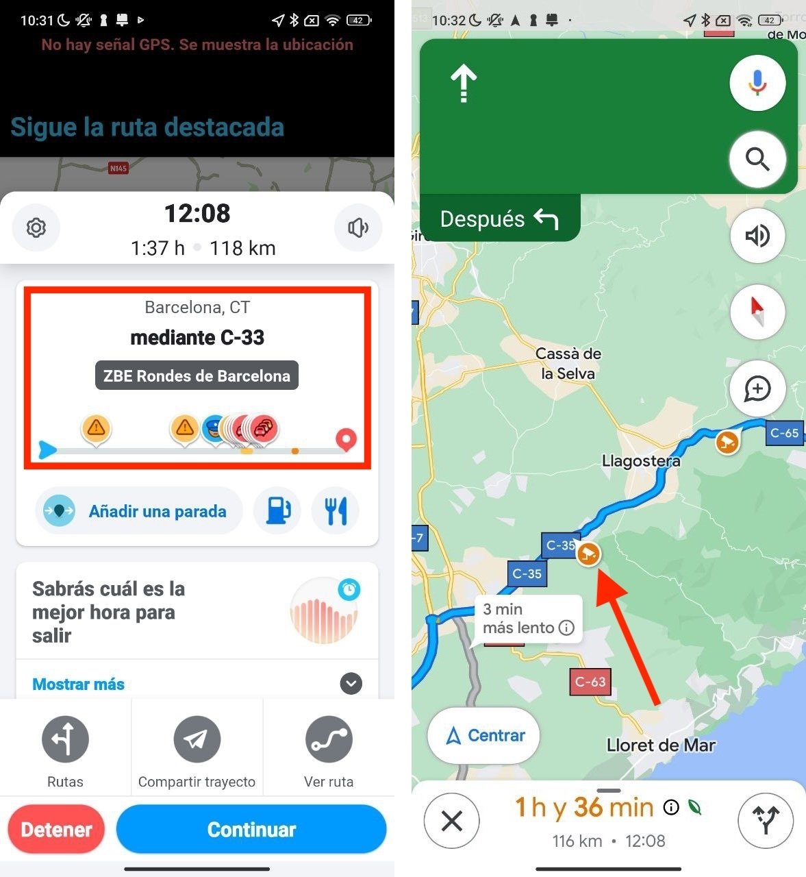 Datos de una ruta planifica en Waze y Google Maps
