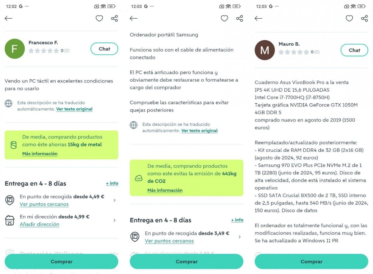 De izquierda a derecha y de peor a mejor, ejemplos de descripciones en anuncios de Wallapop